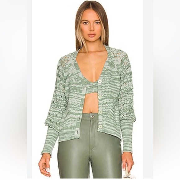 JONATHAN SIMKHAI Adeline Cotton Blend Cardigan Sweater in Lichen Jade - Small - Picture 2 of 12